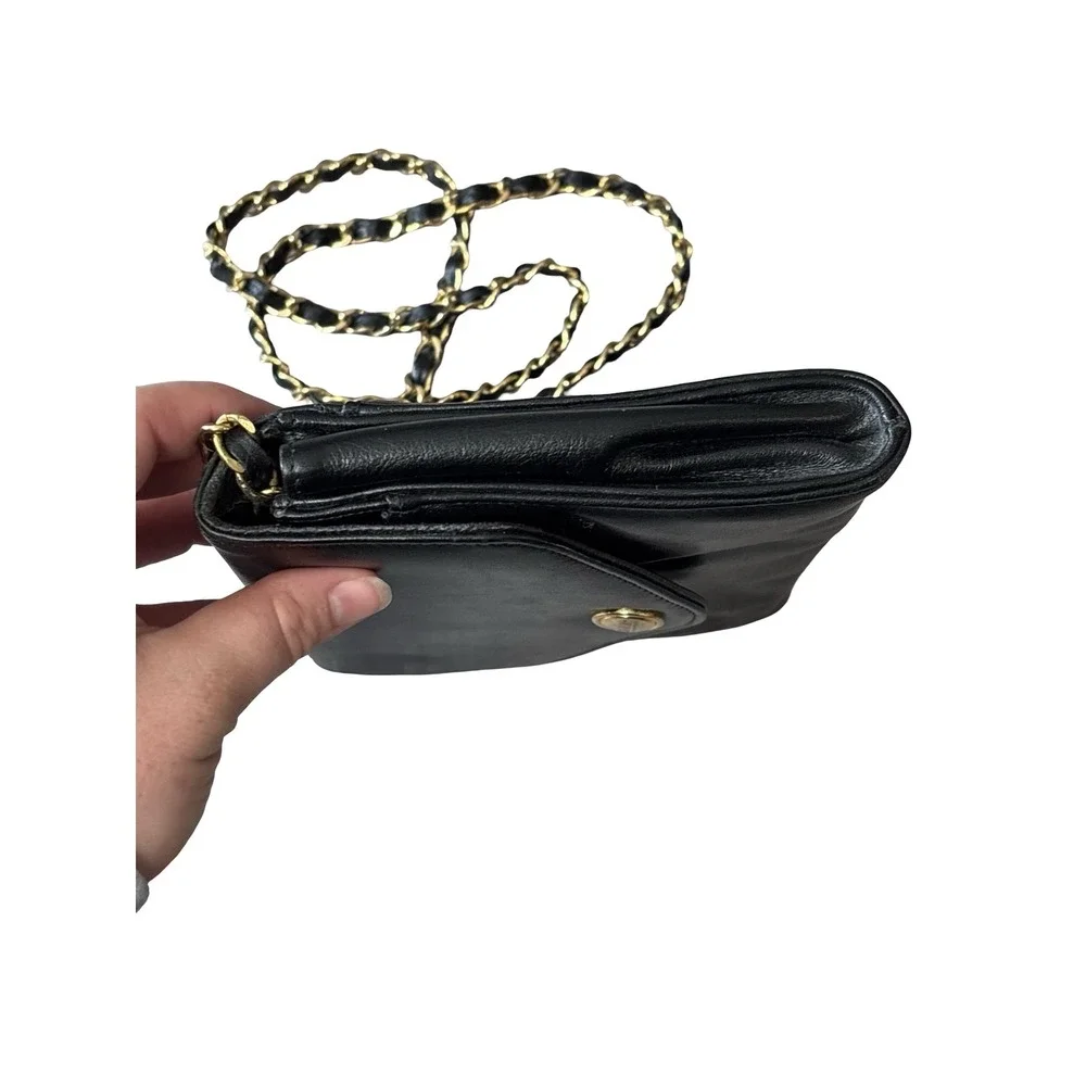 Monet Vintage Black Leather Crossbody Bag Gold‎ Chain Strap Small Envelope Purse